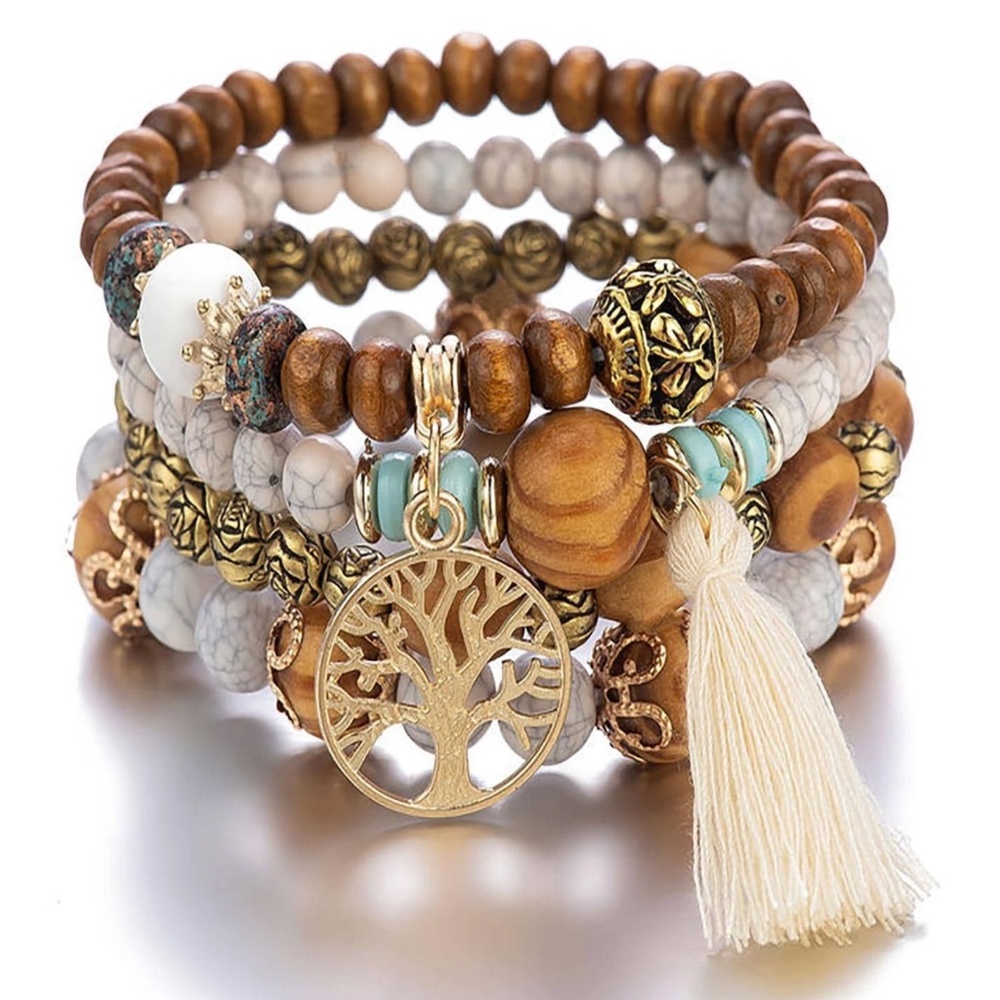 Boho Tree of Life Bead Tassel Stretchy Bracelet Set